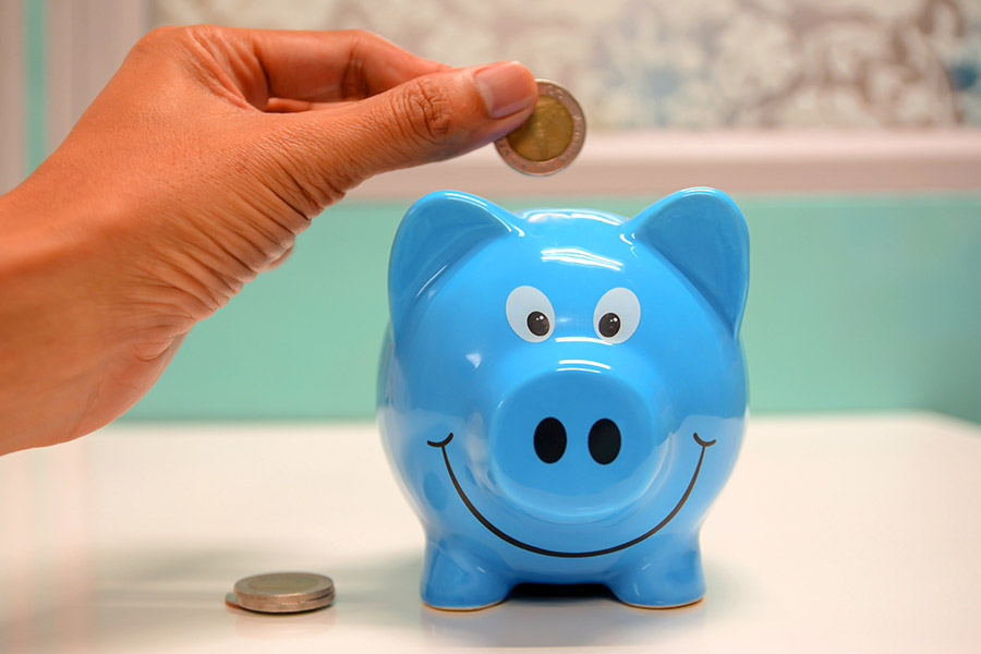 person putting a coin in the piggy bank