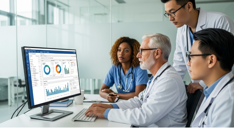 Medical professionals reviewing analytics dashboard on large screen in clinical setting